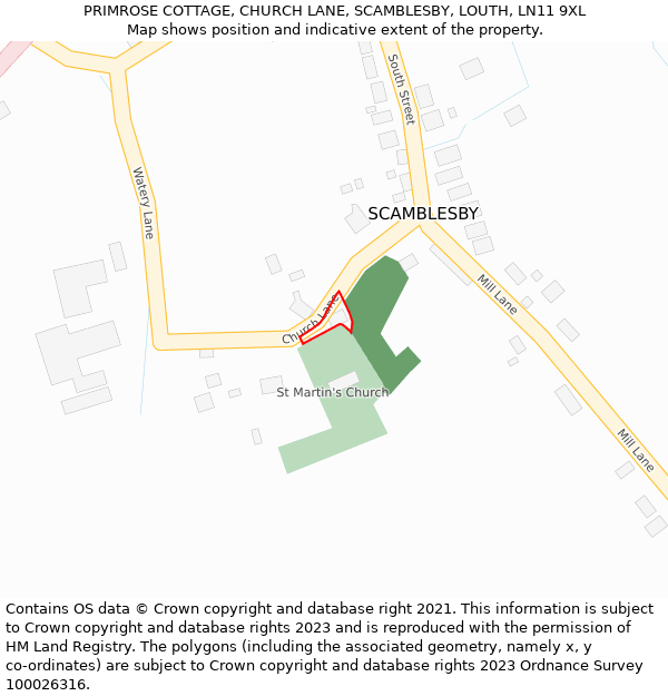 PRIMROSE COTTAGE, CHURCH LANE, SCAMBLESBY, LOUTH, LN11 9XL: Location map and indicative extent of plot
