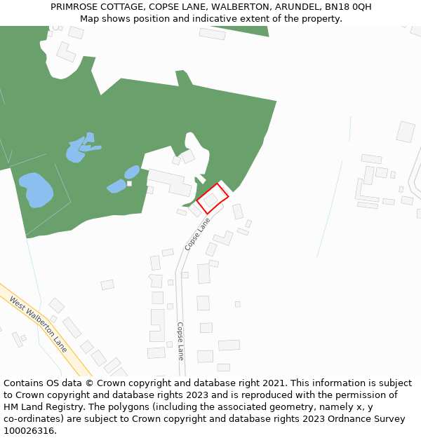 PRIMROSE COTTAGE, COPSE LANE, WALBERTON, ARUNDEL, BN18 0QH: Location map and indicative extent of plot