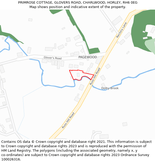 PRIMROSE COTTAGE, GLOVERS ROAD, CHARLWOOD, HORLEY, RH6 0EG: Location map and indicative extent of plot