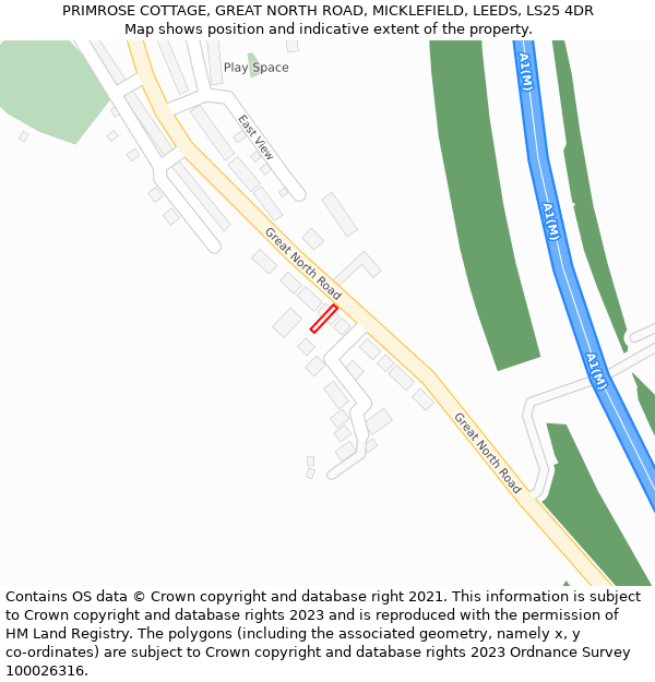 PRIMROSE COTTAGE, GREAT NORTH ROAD, MICKLEFIELD, LEEDS, LS25 4DR: Location map and indicative extent of plot