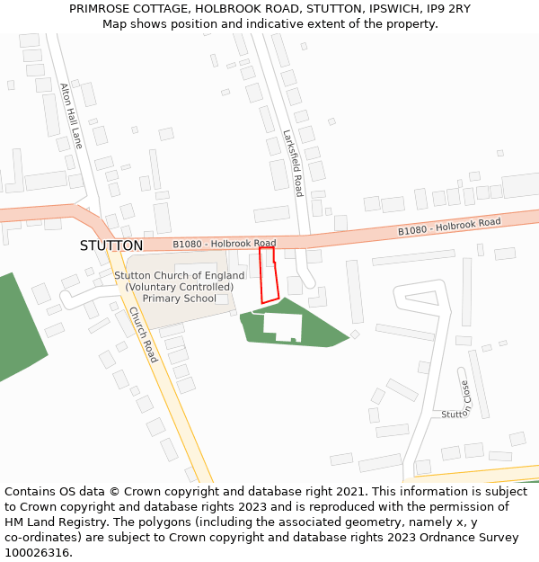 PRIMROSE COTTAGE, HOLBROOK ROAD, STUTTON, IPSWICH, IP9 2RY: Location map and indicative extent of plot