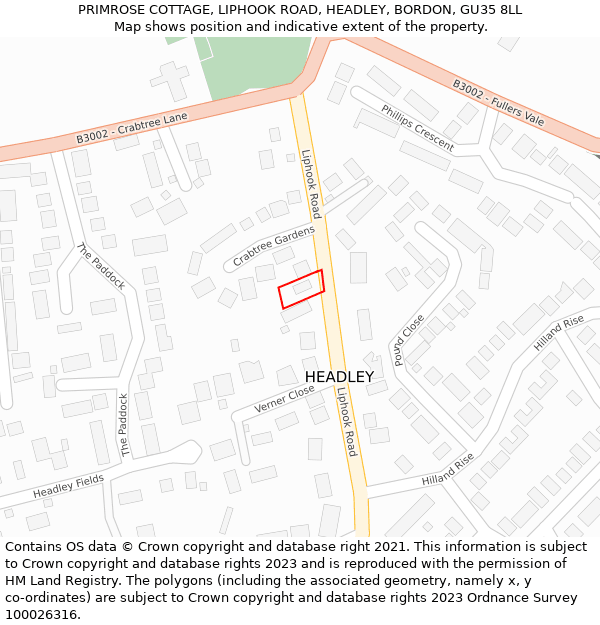PRIMROSE COTTAGE, LIPHOOK ROAD, HEADLEY, BORDON, GU35 8LL: Location map and indicative extent of plot