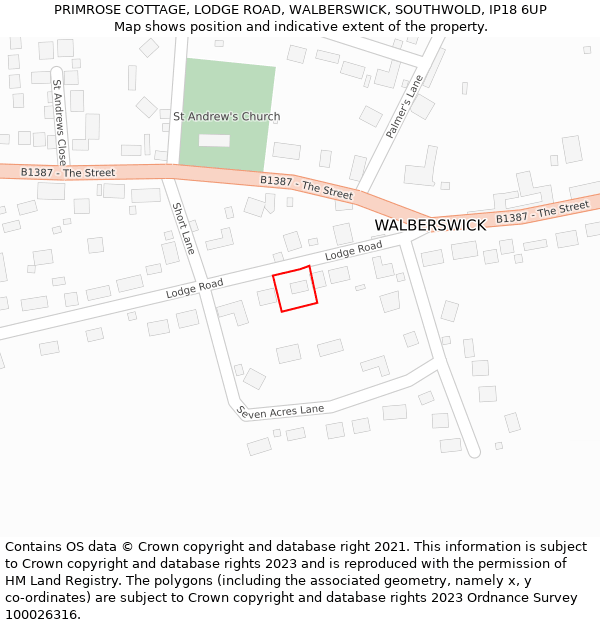 PRIMROSE COTTAGE, LODGE ROAD, WALBERSWICK, SOUTHWOLD, IP18 6UP: Location map and indicative extent of plot