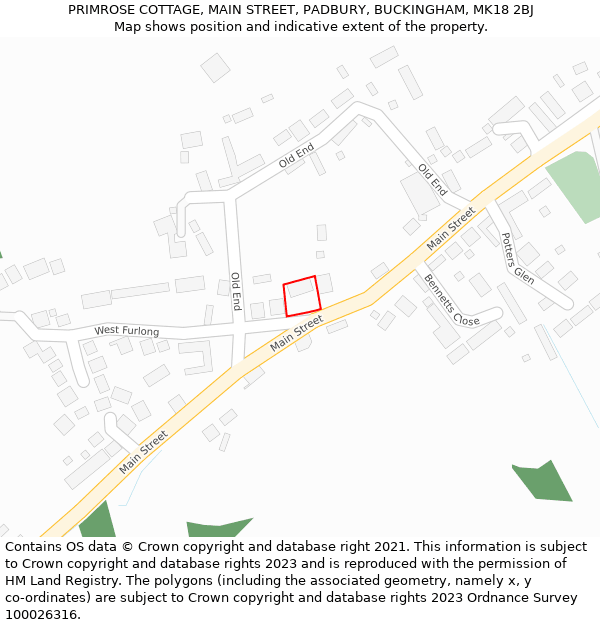 PRIMROSE COTTAGE, MAIN STREET, PADBURY, BUCKINGHAM, MK18 2BJ: Location map and indicative extent of plot
