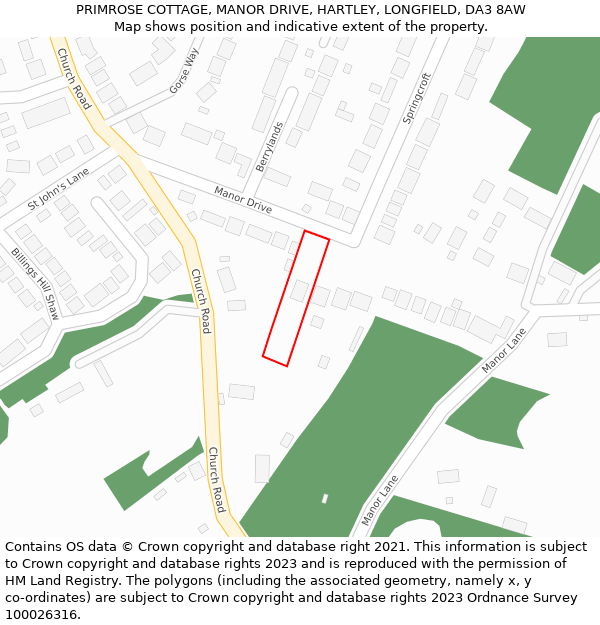 PRIMROSE COTTAGE, MANOR DRIVE, HARTLEY, LONGFIELD, DA3 8AW: Location map and indicative extent of plot