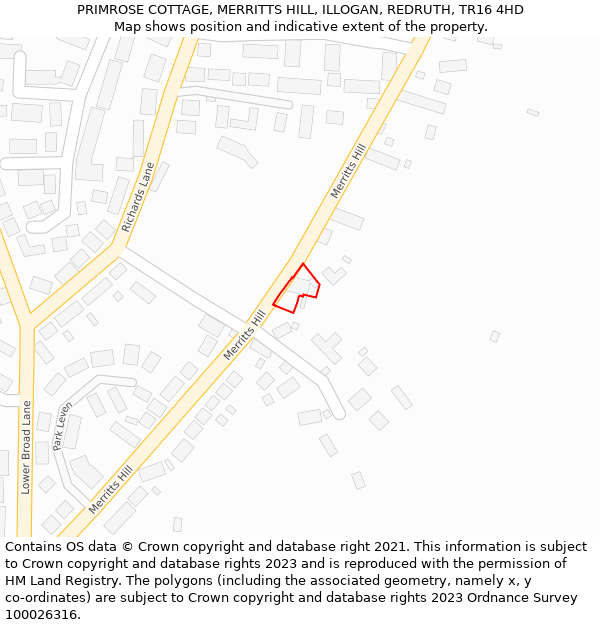 PRIMROSE COTTAGE, MERRITTS HILL, ILLOGAN, REDRUTH, TR16 4HD: Location map and indicative extent of plot