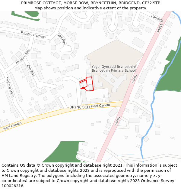 PRIMROSE COTTAGE, MORSE ROW, BRYNCETHIN, BRIDGEND, CF32 9TP: Location map and indicative extent of plot