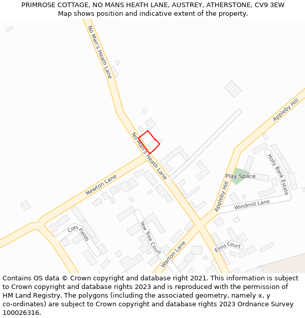 PRIMROSE COTTAGE, NO MANS HEATH LANE, AUSTREY, ATHERSTONE, CV9 3EW: Location map and indicative extent of plot