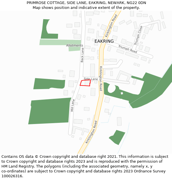 PRIMROSE COTTAGE, SIDE LANE, EAKRING, NEWARK, NG22 0DN: Location map and indicative extent of plot