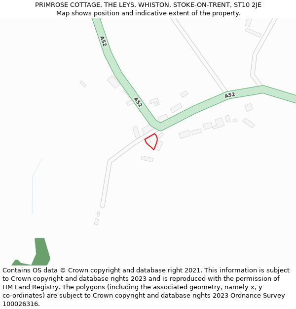 PRIMROSE COTTAGE, THE LEYS, WHISTON, STOKE-ON-TRENT, ST10 2JE: Location map and indicative extent of plot