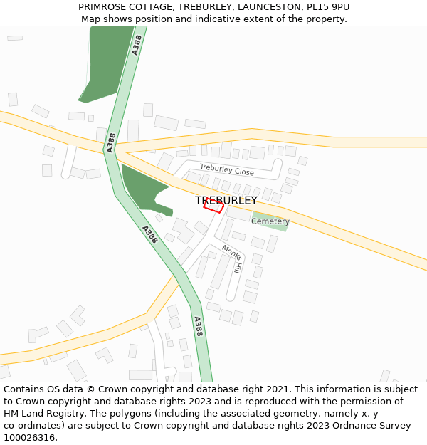PRIMROSE COTTAGE, TREBURLEY, LAUNCESTON, PL15 9PU: Location map and indicative extent of plot