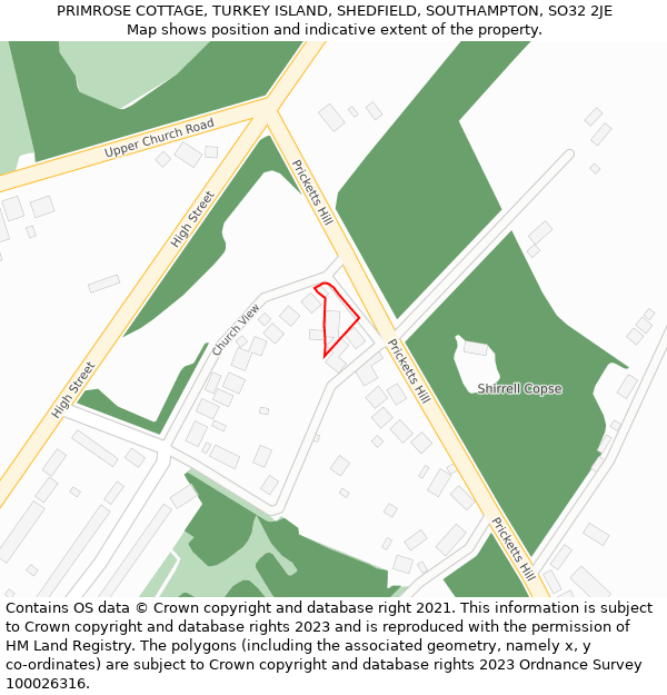 PRIMROSE COTTAGE, TURKEY ISLAND, SHEDFIELD, SOUTHAMPTON, SO32 2JE: Location map and indicative extent of plot