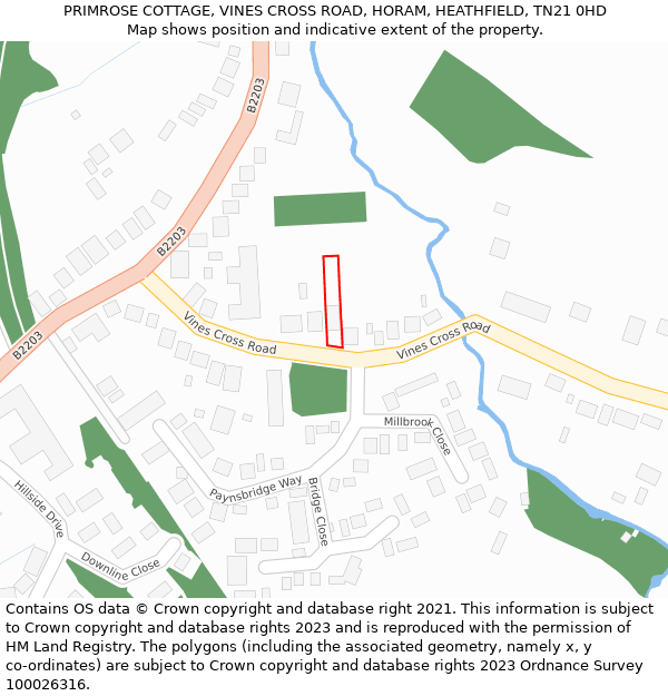 PRIMROSE COTTAGE, VINES CROSS ROAD, HORAM, HEATHFIELD, TN21 0HD: Location map and indicative extent of plot