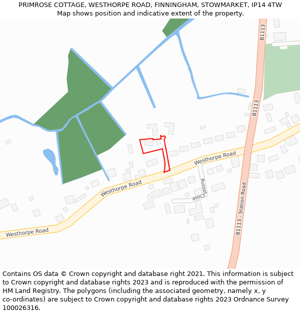 PRIMROSE COTTAGE, WESTHORPE ROAD, FINNINGHAM, STOWMARKET, IP14 4TW: Location map and indicative extent of plot