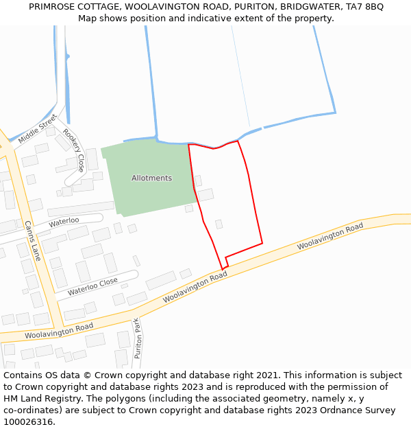 PRIMROSE COTTAGE, WOOLAVINGTON ROAD, PURITON, BRIDGWATER, TA7 8BQ: Location map and indicative extent of plot