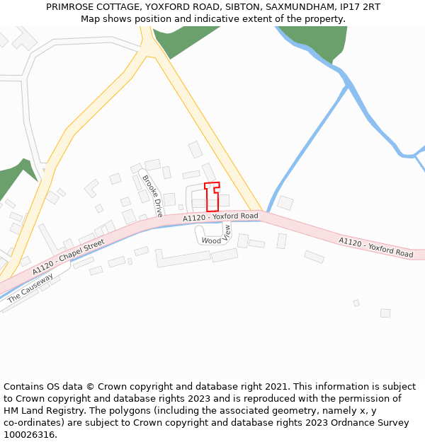 PRIMROSE COTTAGE, YOXFORD ROAD, SIBTON, SAXMUNDHAM, IP17 2RT: Location map and indicative extent of plot