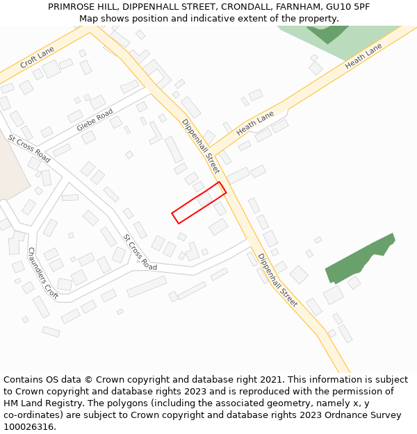 PRIMROSE HILL, DIPPENHALL STREET, CRONDALL, FARNHAM, GU10 5PF: Location map and indicative extent of plot