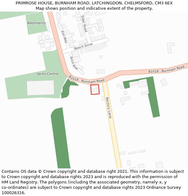 PRIMROSE HOUSE, BURNHAM ROAD, LATCHINGDON, CHELMSFORD, CM3 6EX: Location map and indicative extent of plot