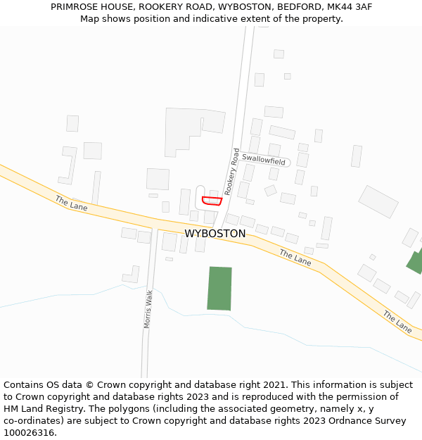 PRIMROSE HOUSE, ROOKERY ROAD, WYBOSTON, BEDFORD, MK44 3AF: Location map and indicative extent of plot