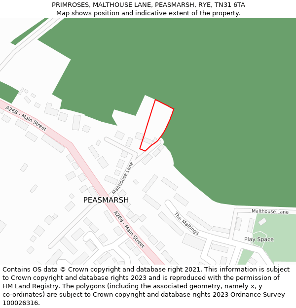 PRIMROSES, MALTHOUSE LANE, PEASMARSH, RYE, TN31 6TA: Location map and indicative extent of plot