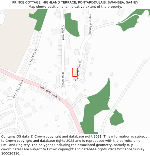 PRINCE COTTAGE, HIGHLAND TERRACE, PONTARDDULAIS, SWANSEA, SA4 8JY: Location map and indicative extent of plot