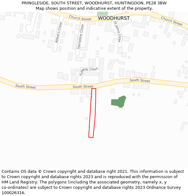 PRINGLESIDE, SOUTH STREET, WOODHURST, HUNTINGDON, PE28 3BW: Location map and indicative extent of plot