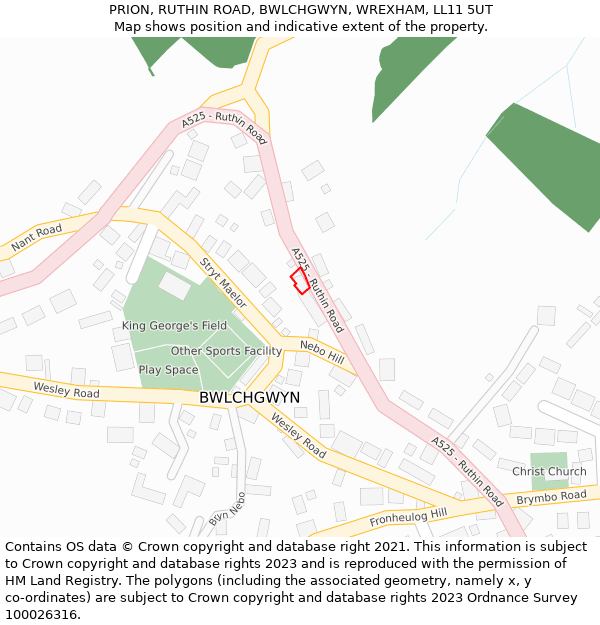 PRION, RUTHIN ROAD, BWLCHGWYN, WREXHAM, LL11 5UT: Location map and indicative extent of plot