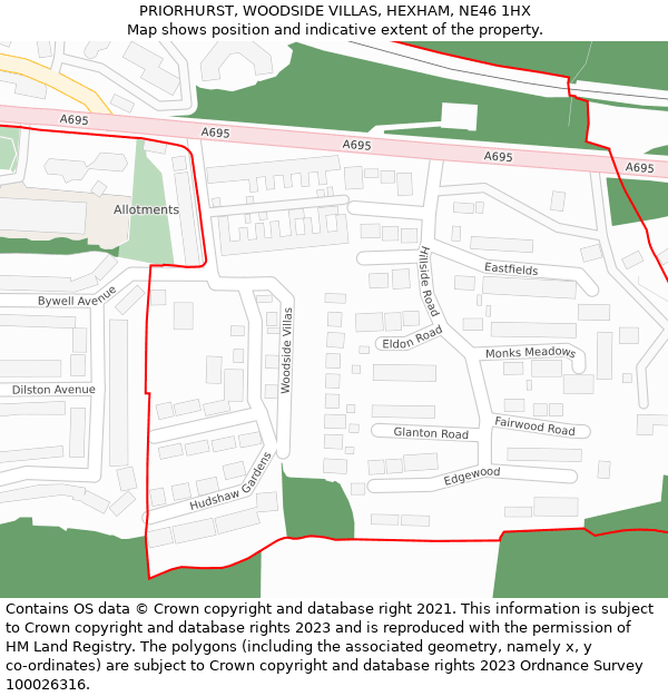 PRIORHURST, WOODSIDE VILLAS, HEXHAM, NE46 1HX: Location map and indicative extent of plot