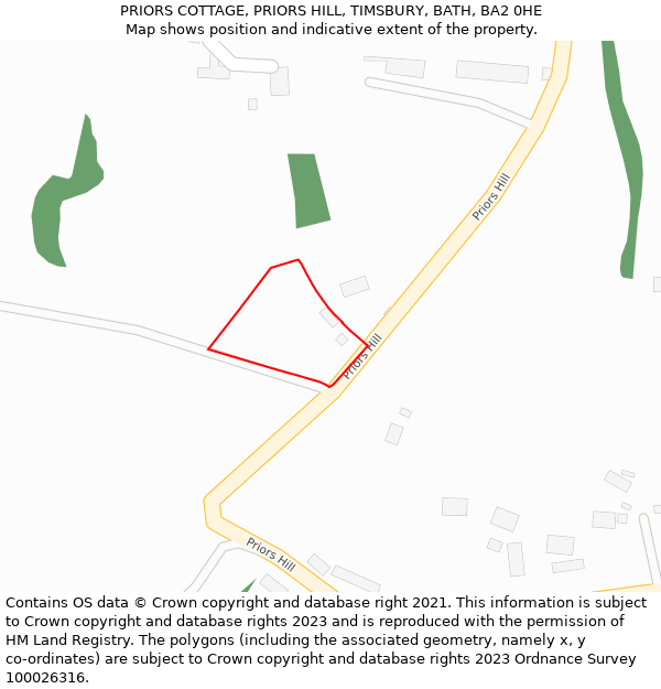 PRIORS COTTAGE, PRIORS HILL, TIMSBURY, BATH, BA2 0HE: Location map and indicative extent of plot