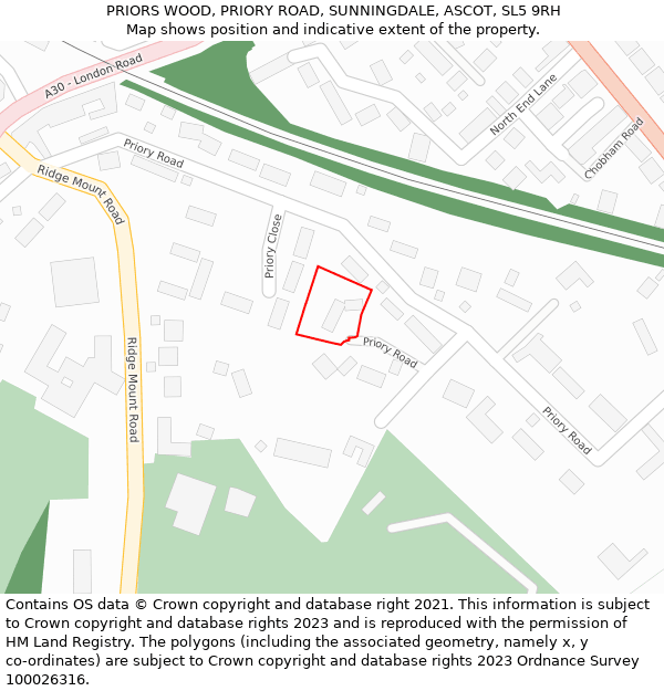 PRIORS WOOD, PRIORY ROAD, SUNNINGDALE, ASCOT, SL5 9RH: Location map and indicative extent of plot