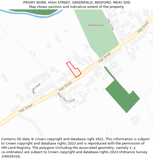 PRIORY BARN, HIGH STREET, GREENFIELD, BEDFORD, MK45 5DD: Location map and indicative extent of plot