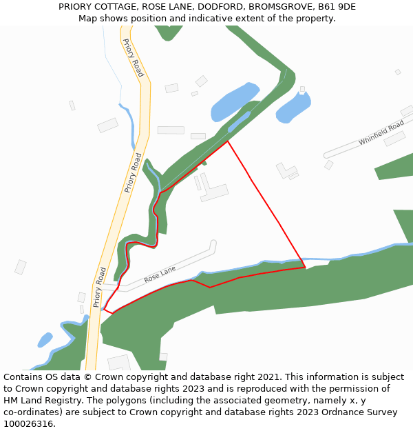 PRIORY COTTAGE, ROSE LANE, DODFORD, BROMSGROVE, B61 9DE: Location map and indicative extent of plot
