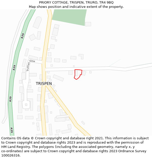 PRIORY COTTAGE, TRISPEN, TRURO, TR4 9BQ: Location map and indicative extent of plot