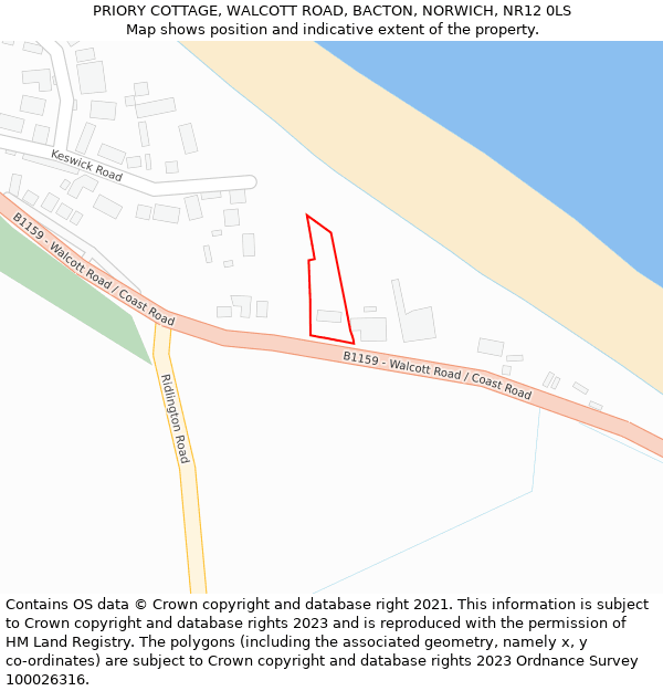 PRIORY COTTAGE, WALCOTT ROAD, BACTON, NORWICH, NR12 0LS: Location map and indicative extent of plot
