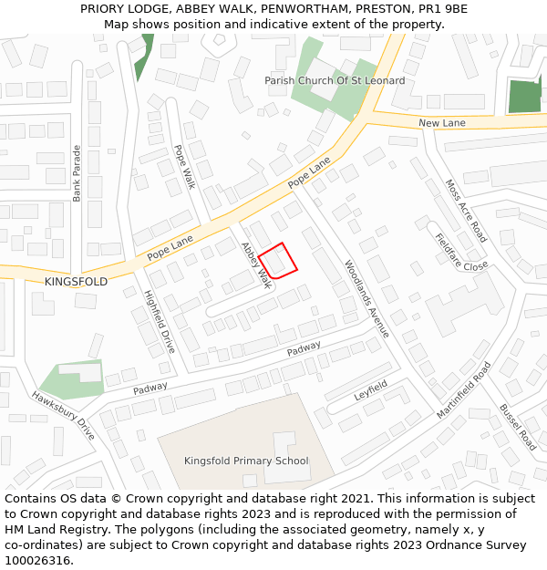 PRIORY LODGE, ABBEY WALK, PENWORTHAM, PRESTON, PR1 9BE: Location map and indicative extent of plot