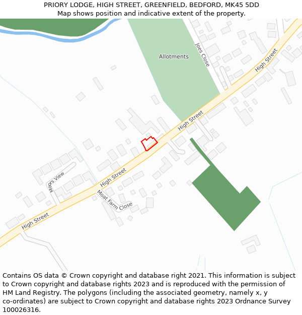 PRIORY LODGE, HIGH STREET, GREENFIELD, BEDFORD, MK45 5DD: Location map and indicative extent of plot
