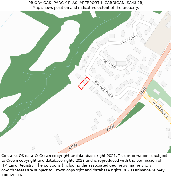 PRIORY OAK, PARC Y PLAS, ABERPORTH, CARDIGAN, SA43 2BJ: Location map and indicative extent of plot