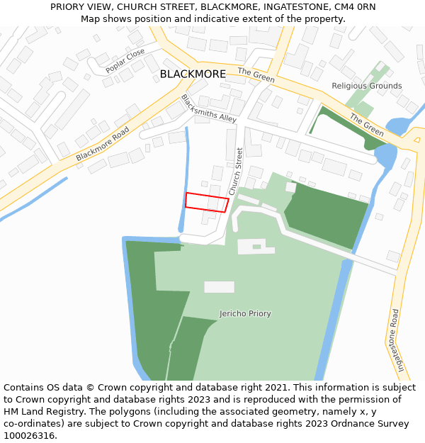 PRIORY VIEW, CHURCH STREET, BLACKMORE, INGATESTONE, CM4 0RN: Location map and indicative extent of plot