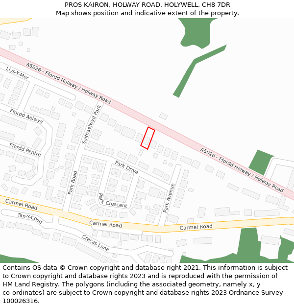 PROS KAIRON, HOLWAY ROAD, HOLYWELL, CH8 7DR: Location map and indicative extent of plot