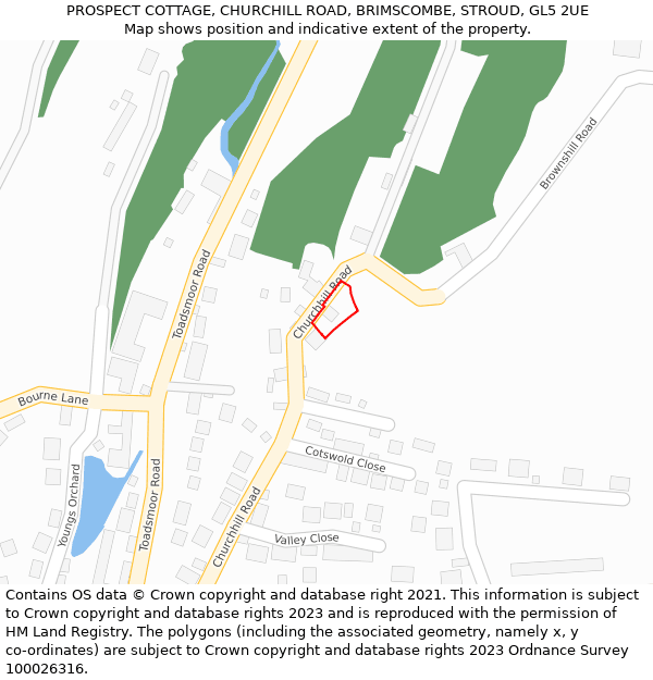 PROSPECT COTTAGE, CHURCHILL ROAD, BRIMSCOMBE, STROUD, GL5 2UE: Location map and indicative extent of plot