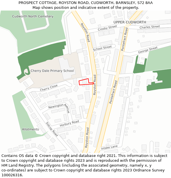 PROSPECT COTTAGE, ROYSTON ROAD, CUDWORTH, BARNSLEY, S72 8AA: Location map and indicative extent of plot