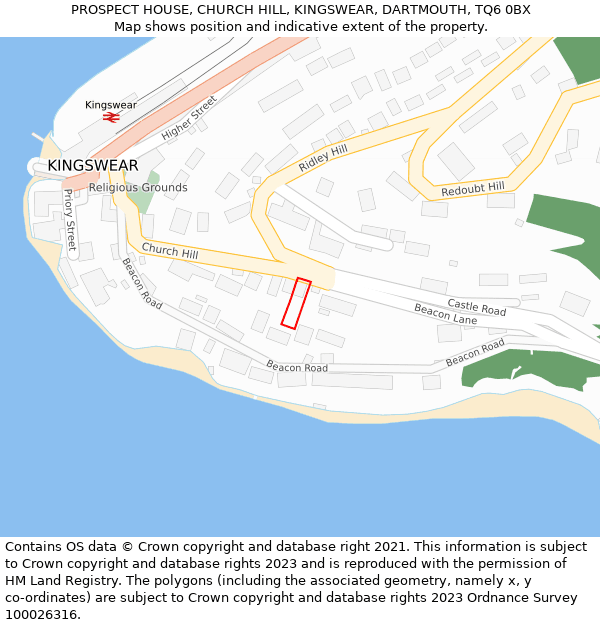 PROSPECT HOUSE, CHURCH HILL, KINGSWEAR, DARTMOUTH, TQ6 0BX: Location map and indicative extent of plot