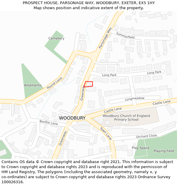 PROSPECT HOUSE, PARSONAGE WAY, WOODBURY, EXETER, EX5 1HY: Location map and indicative extent of plot