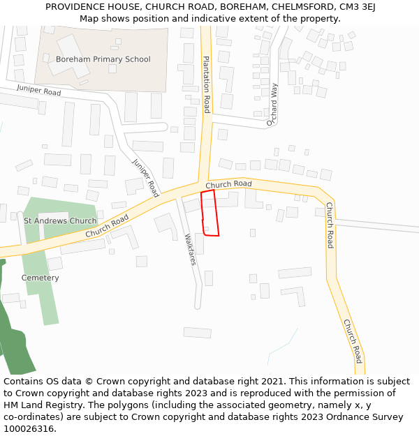 PROVIDENCE HOUSE, CHURCH ROAD, BOREHAM, CHELMSFORD, CM3 3EJ: Location map and indicative extent of plot