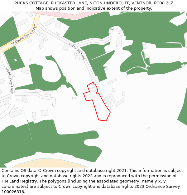 PUCKS COTTAGE, PUCKASTER LANE, NITON UNDERCLIFF, VENTNOR, PO38 2LZ: Location map and indicative extent of plot