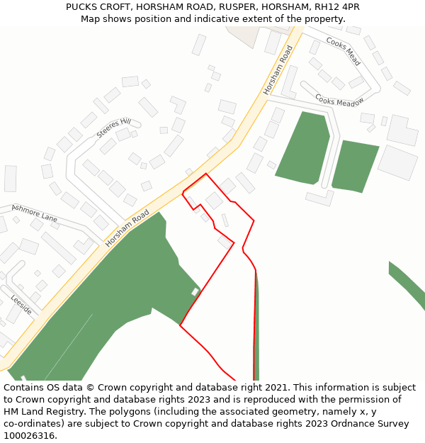 PUCKS CROFT, HORSHAM ROAD, RUSPER, HORSHAM, RH12 4PR: Location map and indicative extent of plot
