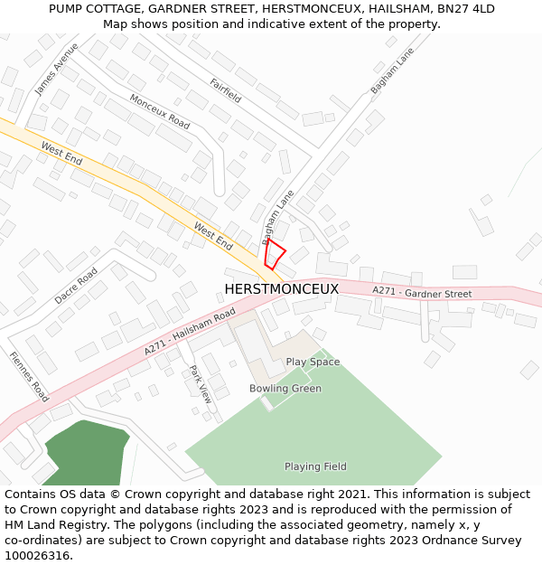 PUMP COTTAGE, GARDNER STREET, HERSTMONCEUX, HAILSHAM, BN27 4LD: Location map and indicative extent of plot