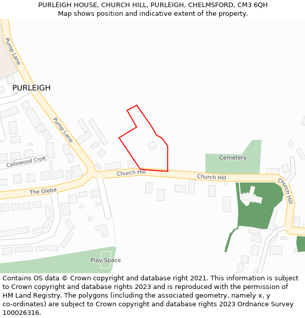 PURLEIGH HOUSE, CHURCH HILL, PURLEIGH, CHELMSFORD, CM3 6QH: Location map and indicative extent of plot
