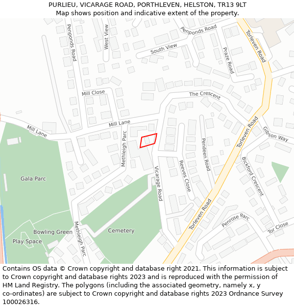 PURLIEU, VICARAGE ROAD, PORTHLEVEN, HELSTON, TR13 9LT: Location map and indicative extent of plot