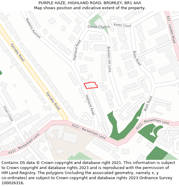 PURPLE HAZE, HIGHLAND ROAD, BROMLEY, BR1 4AA: Location map and indicative extent of plot